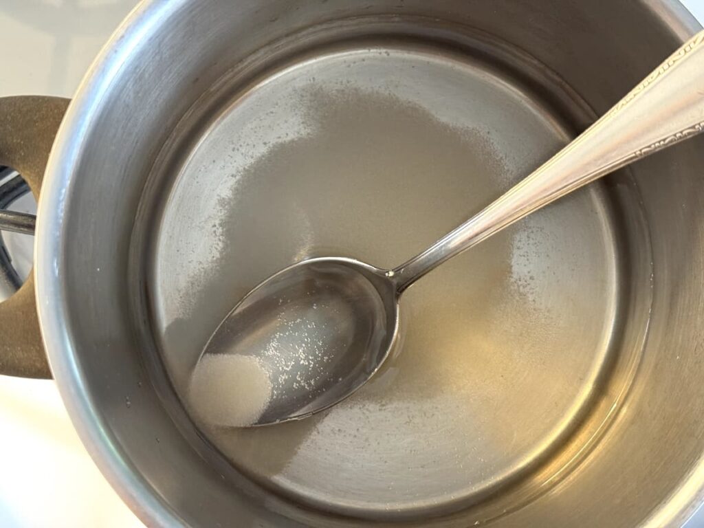 A metal spoon rests inside a stainless steel pot containing clear liquid, likely water or homemade apple cider vinegar, on a stovetop.