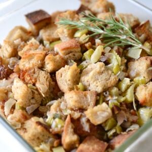 thanksgiving stuffing in glass dish