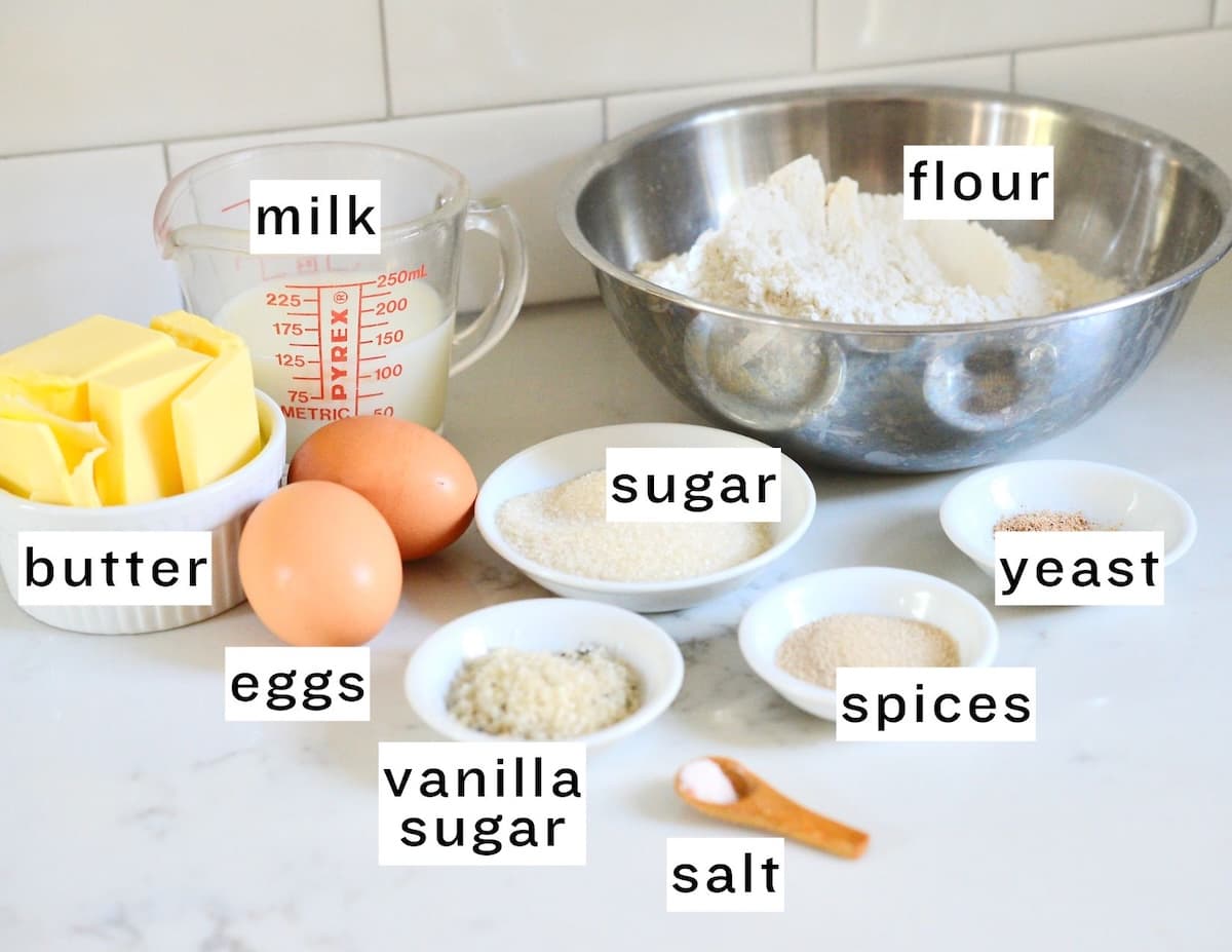 Stollen ingredients: flour, sugar, milk, butter, eggs, yeast, vanilla sugar, salt, spices