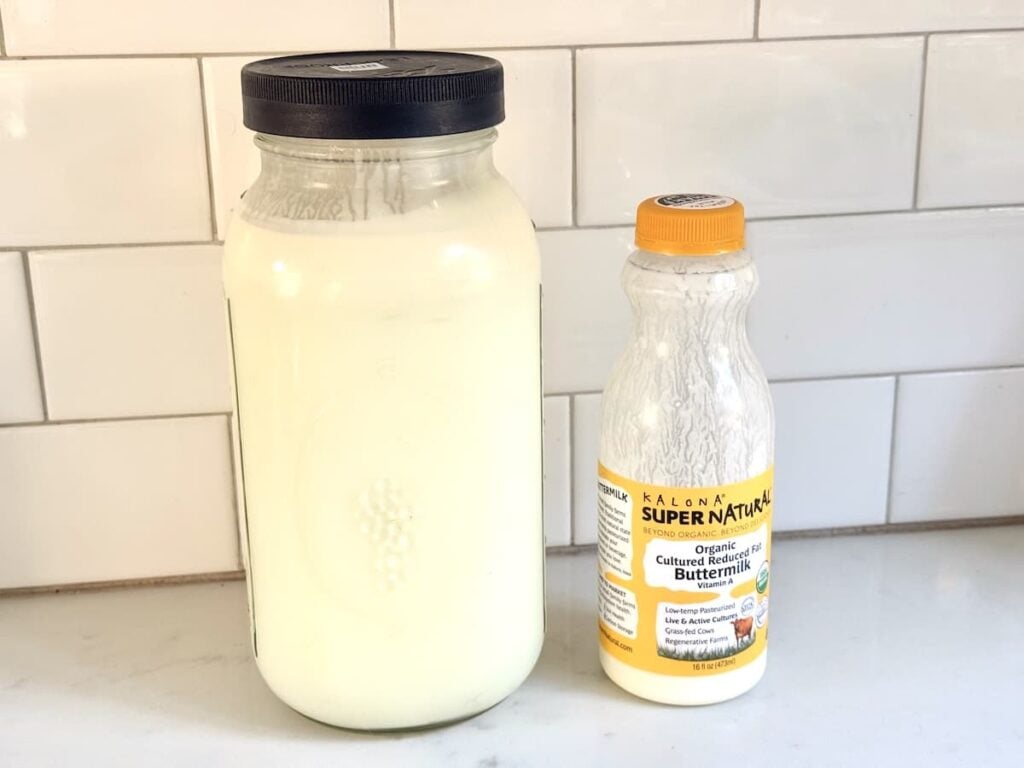 bottle of milk and bottle of buttermilk on kitchen counter