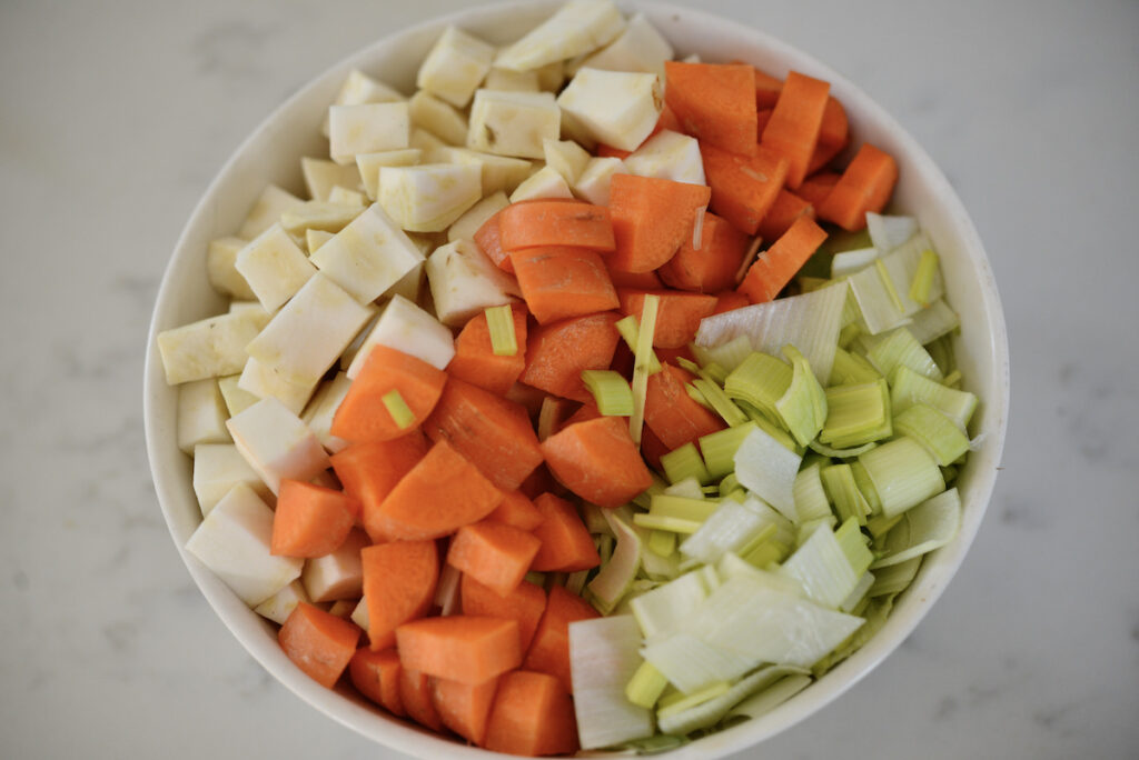 diced carrot, leeks, and celery