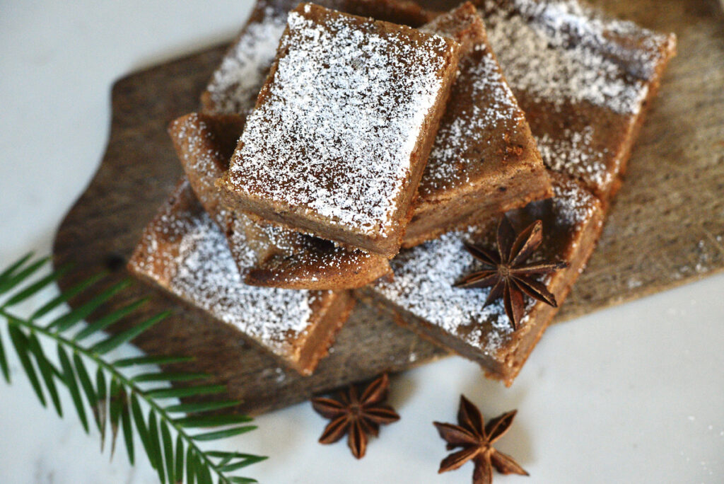 German gingerbread squares dusted with powdered sugar