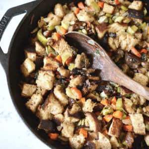 roasted chestnut stuffing in cast iron skillet