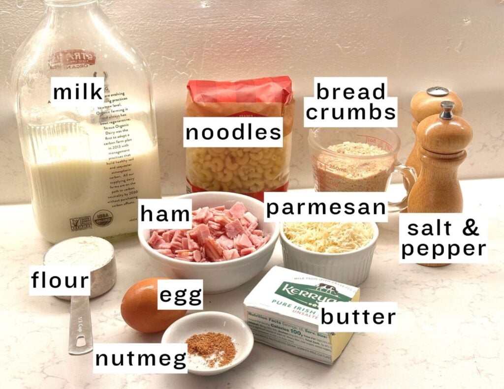 ingredients for Schinkennudeln: milk, noodles, breadcrumbs, flour, ham, egg, parmesan, butter, nutmeg, salt, and pepper
