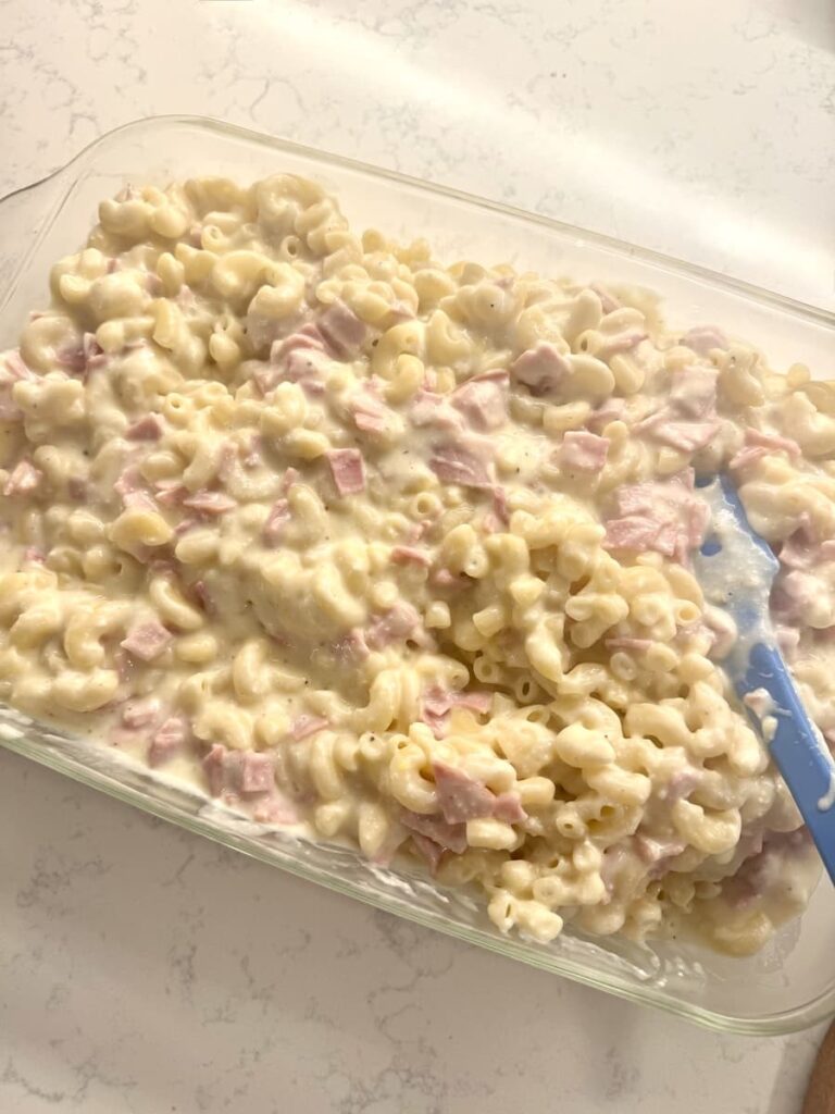 German ham and noodles in casserole before baking