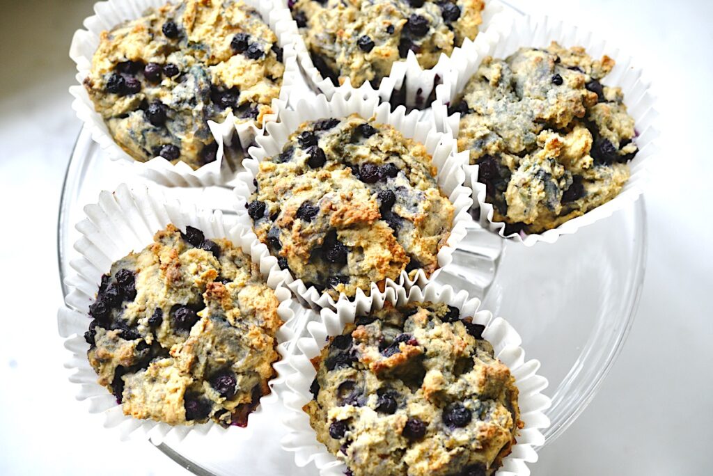 gluten free sourdough blueberry scones on cake stand