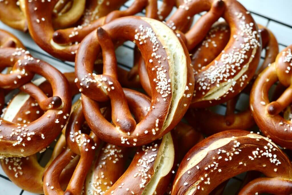 traditional German pretzels on wire rack