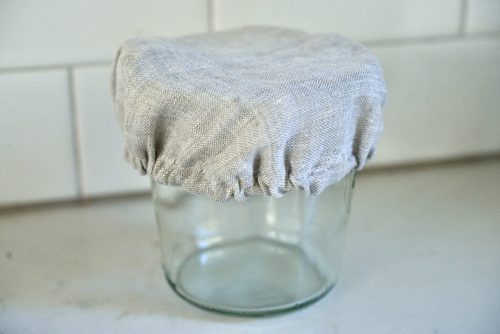 finished fabric bowl cover over a glass Weck jar