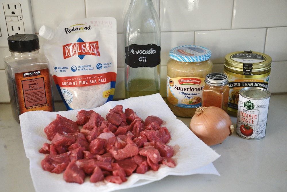 ingredients for Hungarian beeg goulash on kitchen counter