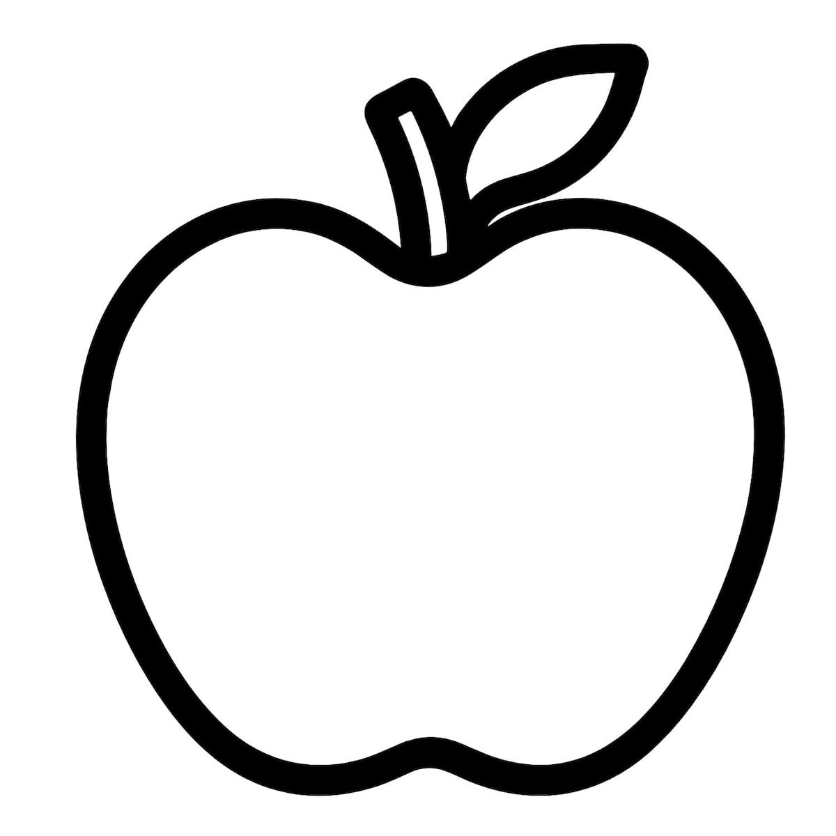 A simple black outline drawing of an apple with a single leaf attached to the stem at the top, reminiscent of a fresh ingredient you might use in homemade sourdough pancakes.