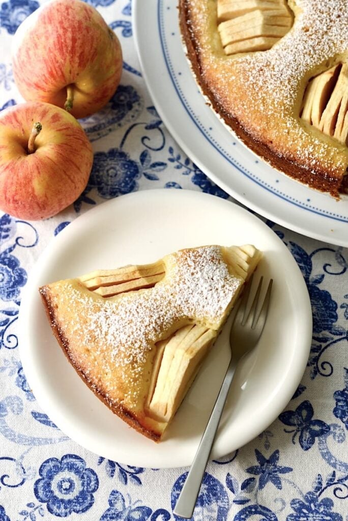 A slice of apple cake topped with powdered sugar sits on a white plate with a fork. The rest of the cake and two apples are on a blue-patterned tablecloth in the background.