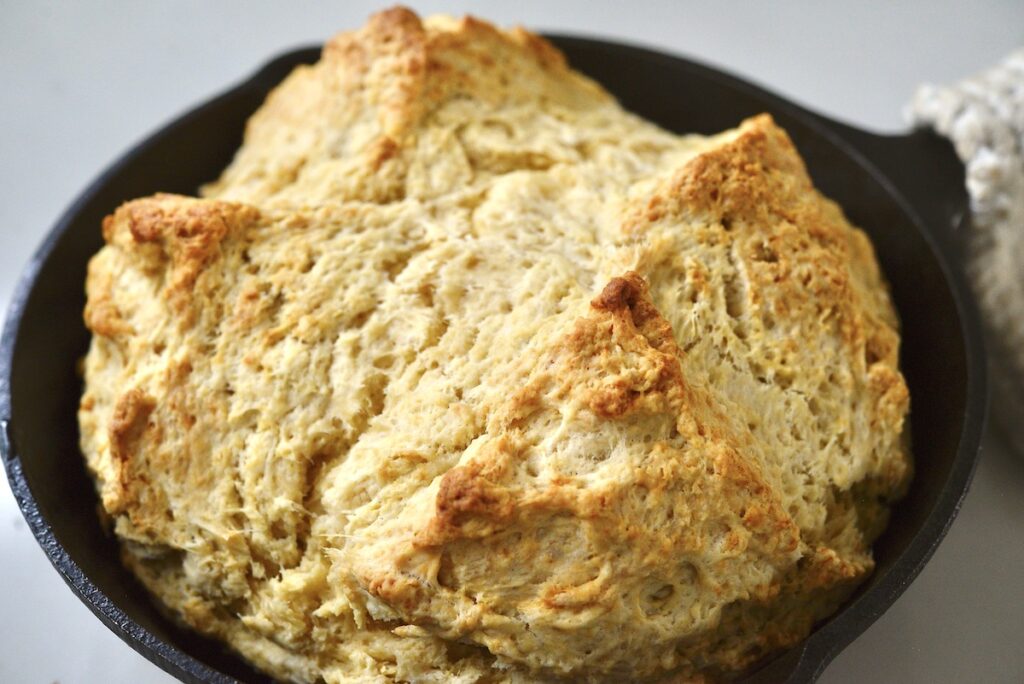 sourdough Irish soda bread in cast iron skillet