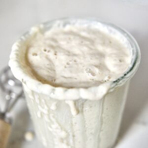 sourdough starter in glass jar with Danish whisk