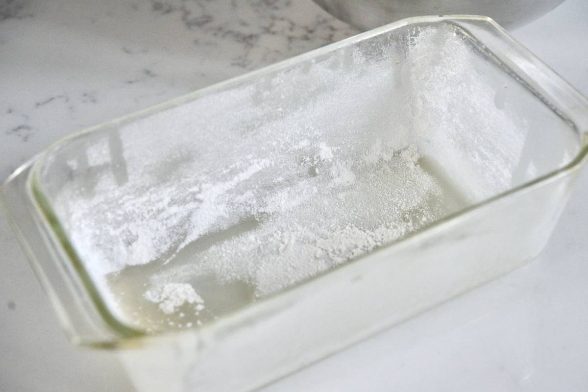 glass bread pan, greased and floured