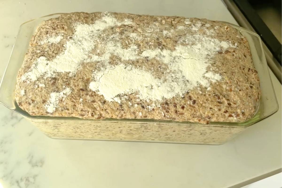 An unbaked loaf of German Vollkornbrot.