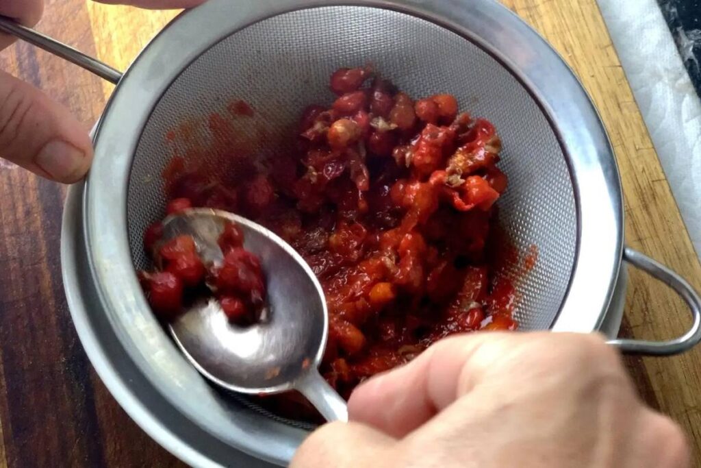 pushing boiled rosehips through a strainer with spoon
