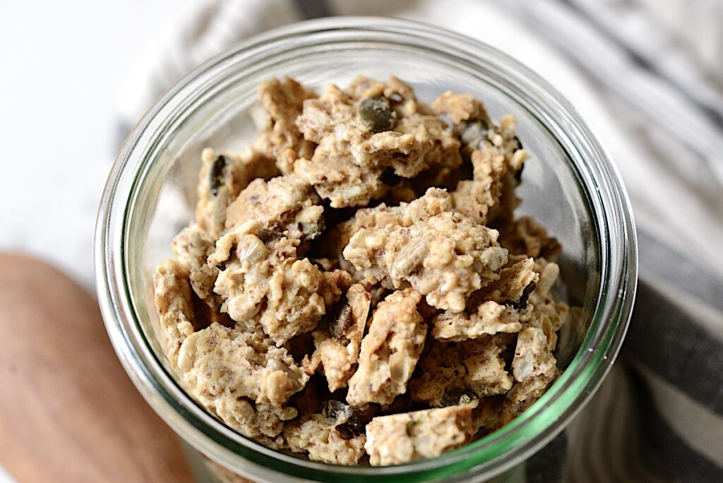 sourdough granola in glass jar