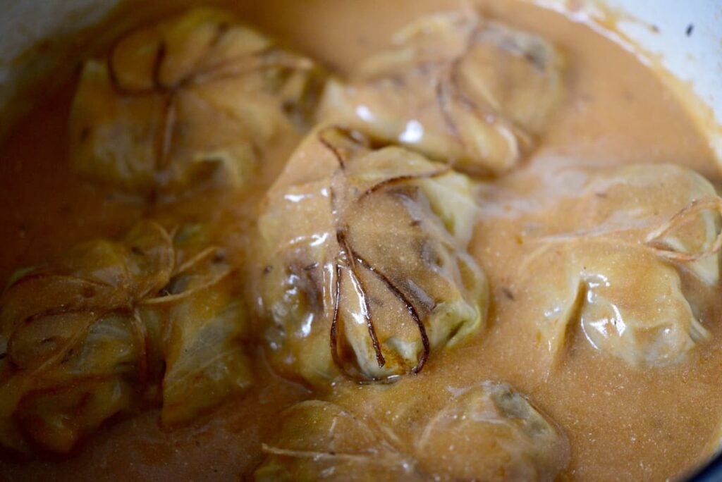 German Kohlrouladen in pot in creamy sauce