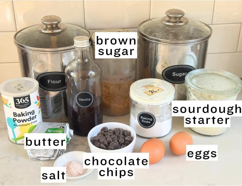 ingredients for sourdough chocolate chip cookies