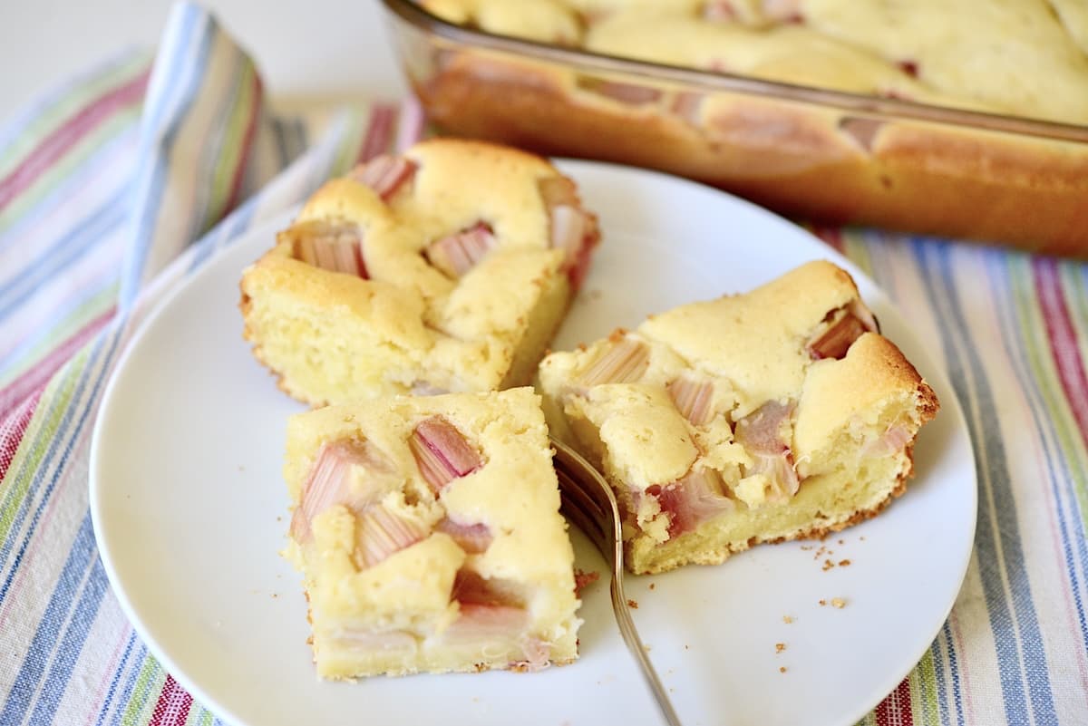 3 pieces of sourdough rhubarb cake on plate