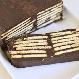 piece of Kalter Hund with one slice cut on platter