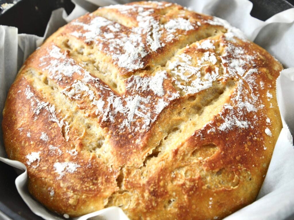 Round loaf of no knead sourdough bread, shown up close.