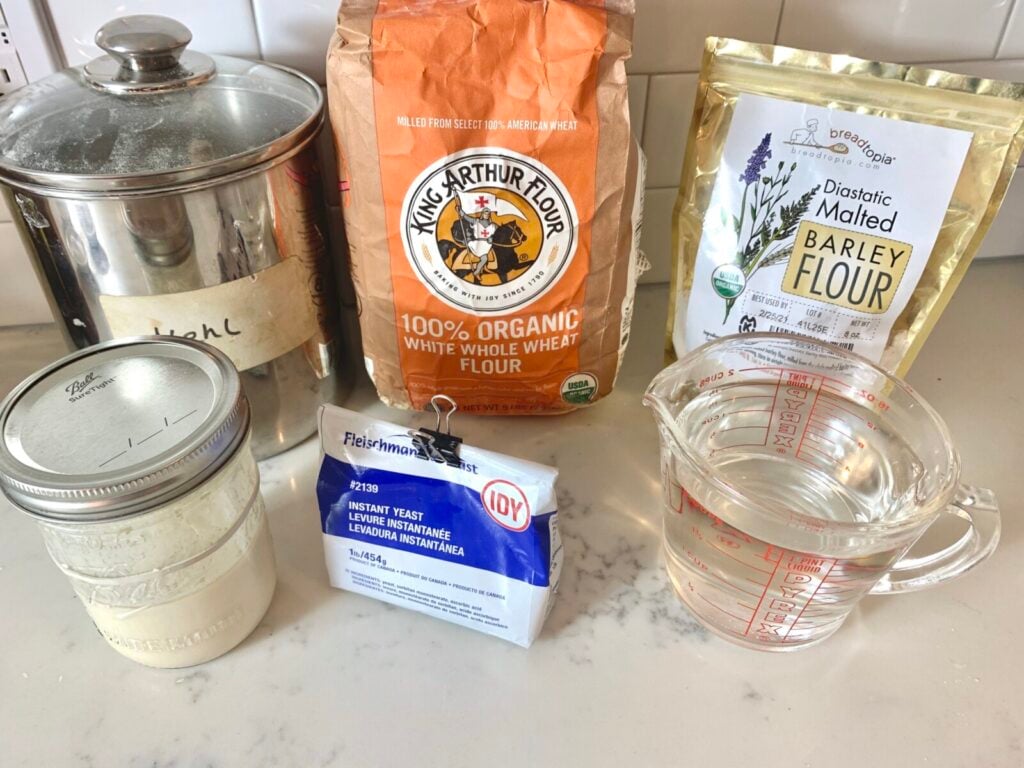 Packages of whole wheat flour, diastatic malted barley flour, and instant yeast sitting next to water in a glass measuring cup and sourdough starter in a mason jar.