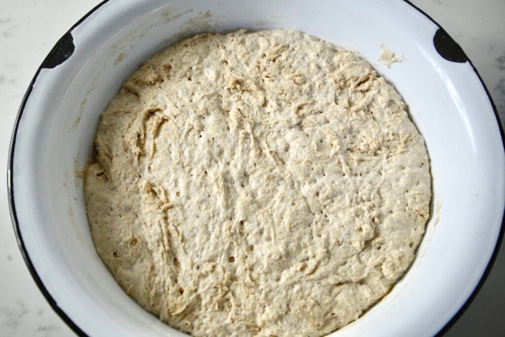 Overnight sourdough bread dough in a large white bowl, before second rise, viewed from overhead.