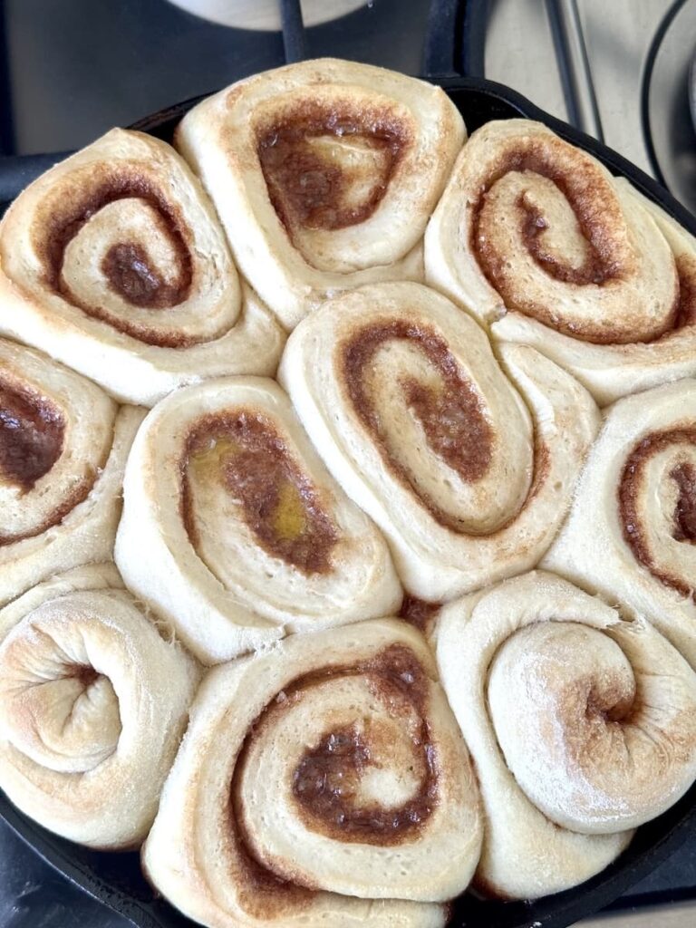 baked cinnamon rolls in cast iron skillet
