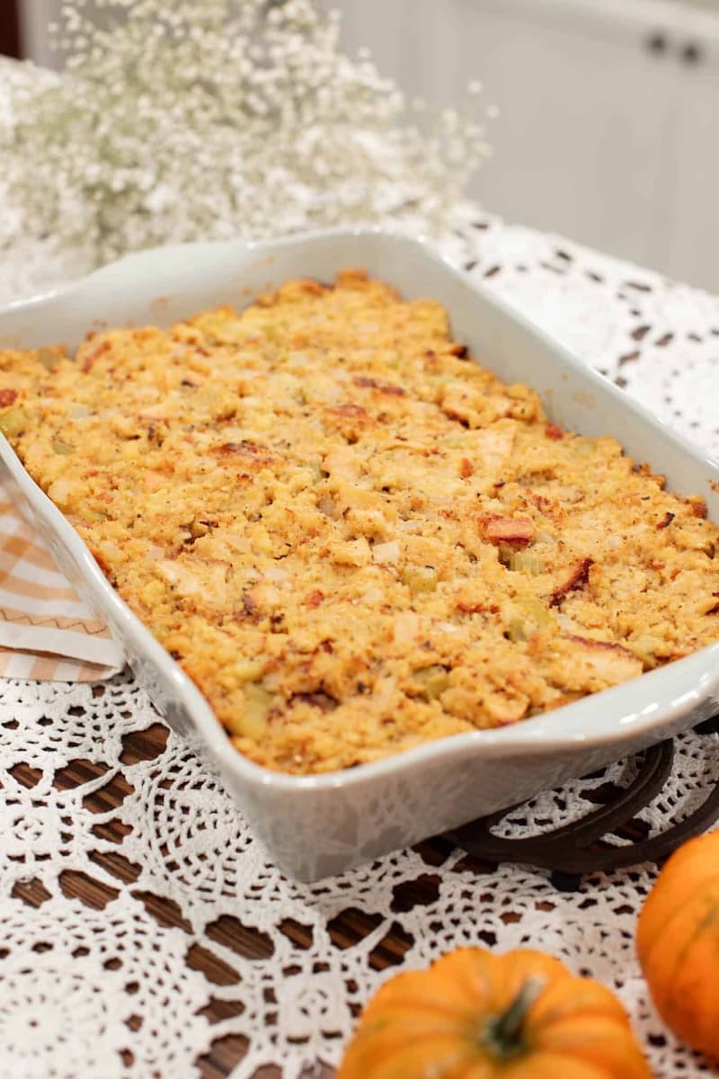 sourdough cornbread dressing in casserole on table