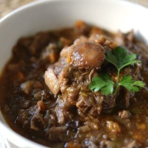 oxtail soup in white bowl garnished with a sprig of parsley