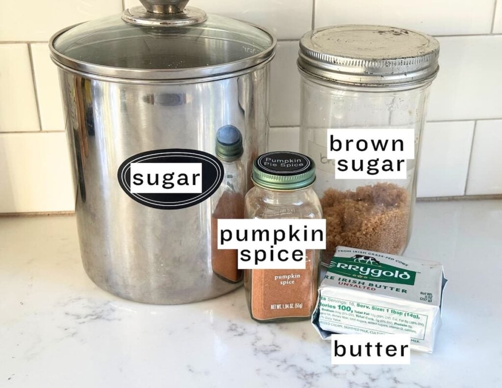 ingredients for pumpkin spice filling:sugar, brown sugar, pumpkin spice, butter