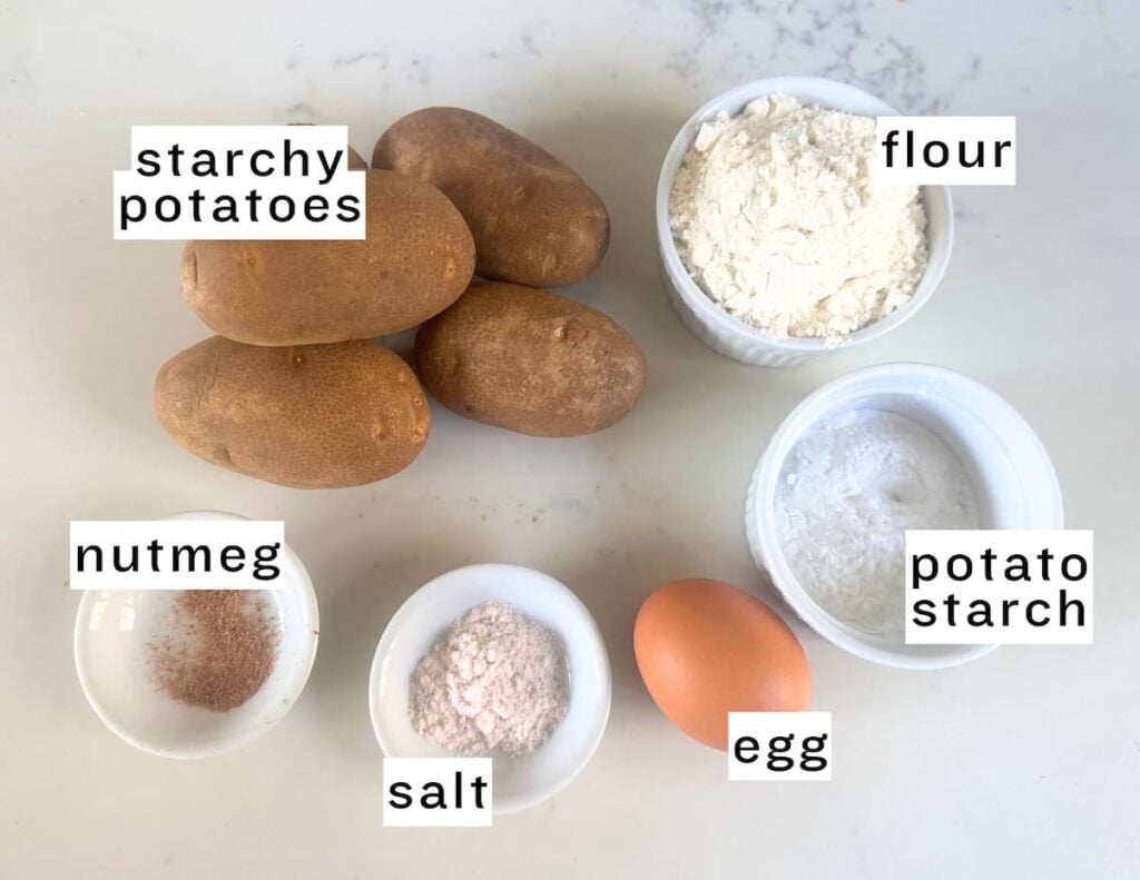 Schupfnudeln ingredients: potatoes, flour, potato starch, egg, salt, nutmeg