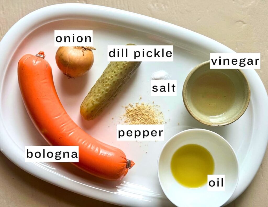 ingredients for Wurstsalat: a whole bologna sausage, a small onion, a dill pickle, a bowl of vinegar, a bowl of oil, and small piles of salt and pepper.