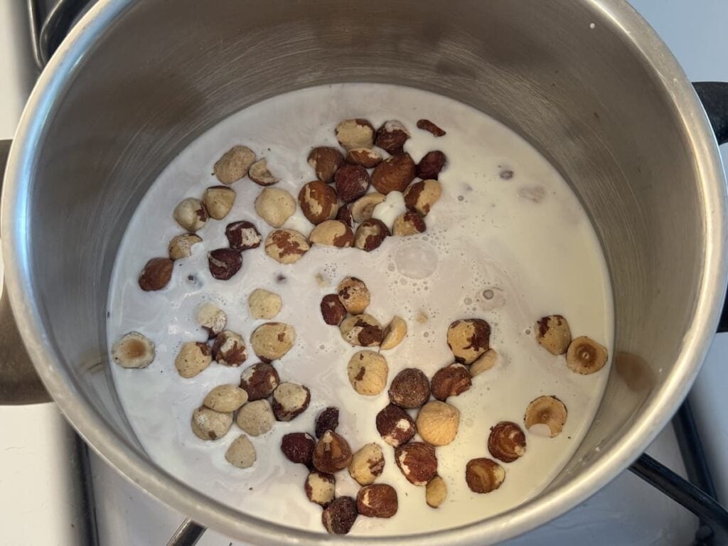 A stainless steel pot on a stove contains milk and whole toasted hazelnuts, beginning to heat together.