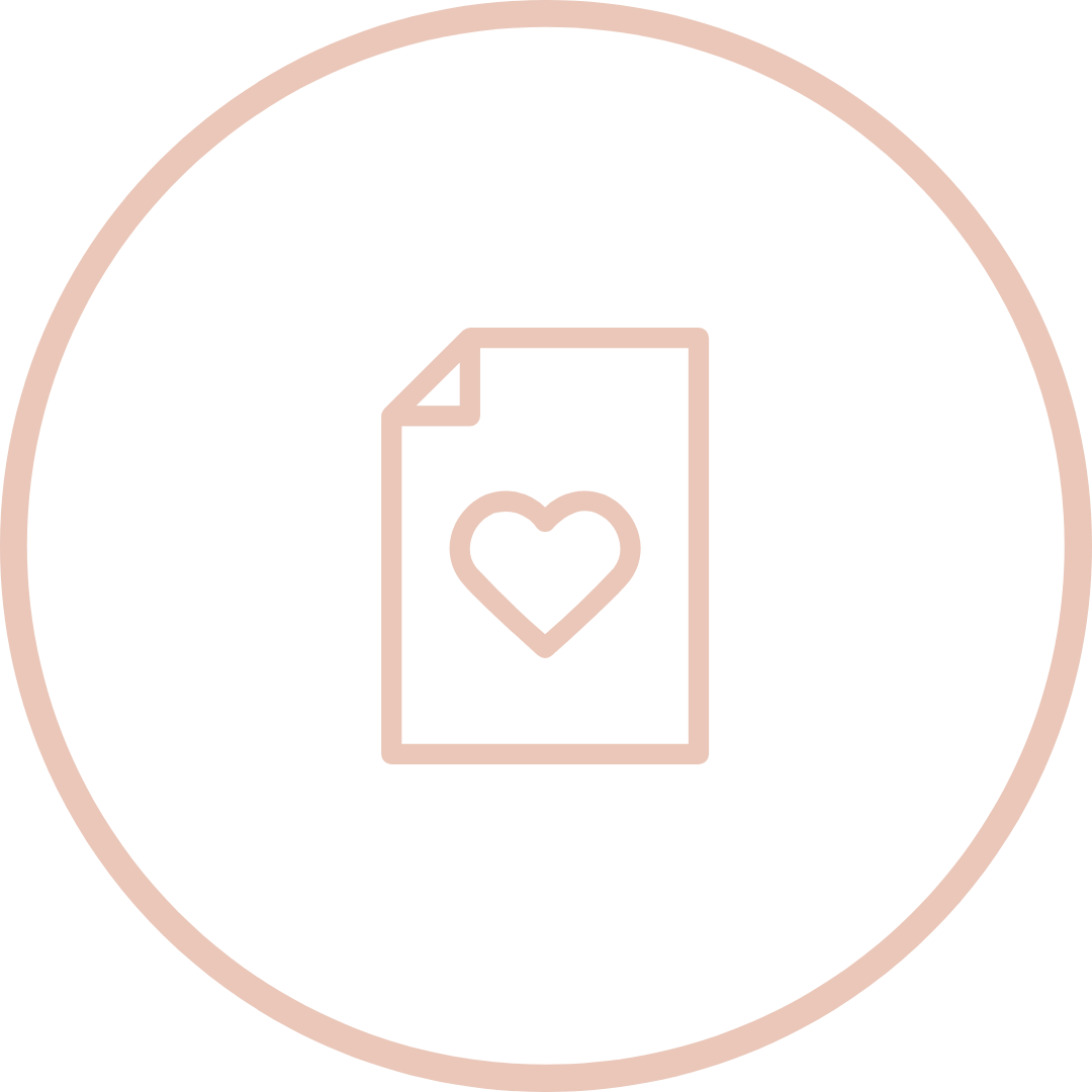 A simple pink outline of a paper with a heart in the center, enclosed in a pink circle on a white background.