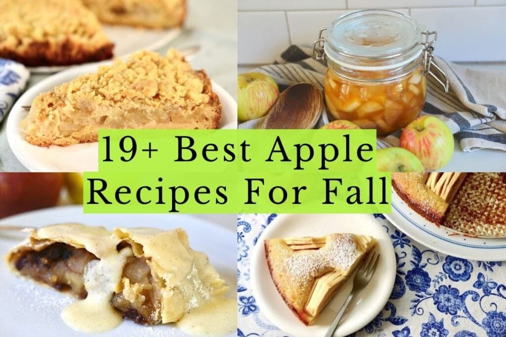 A collage of apple desserts with the text 19+ Best Apple Recipes For Fall centered in the middle.